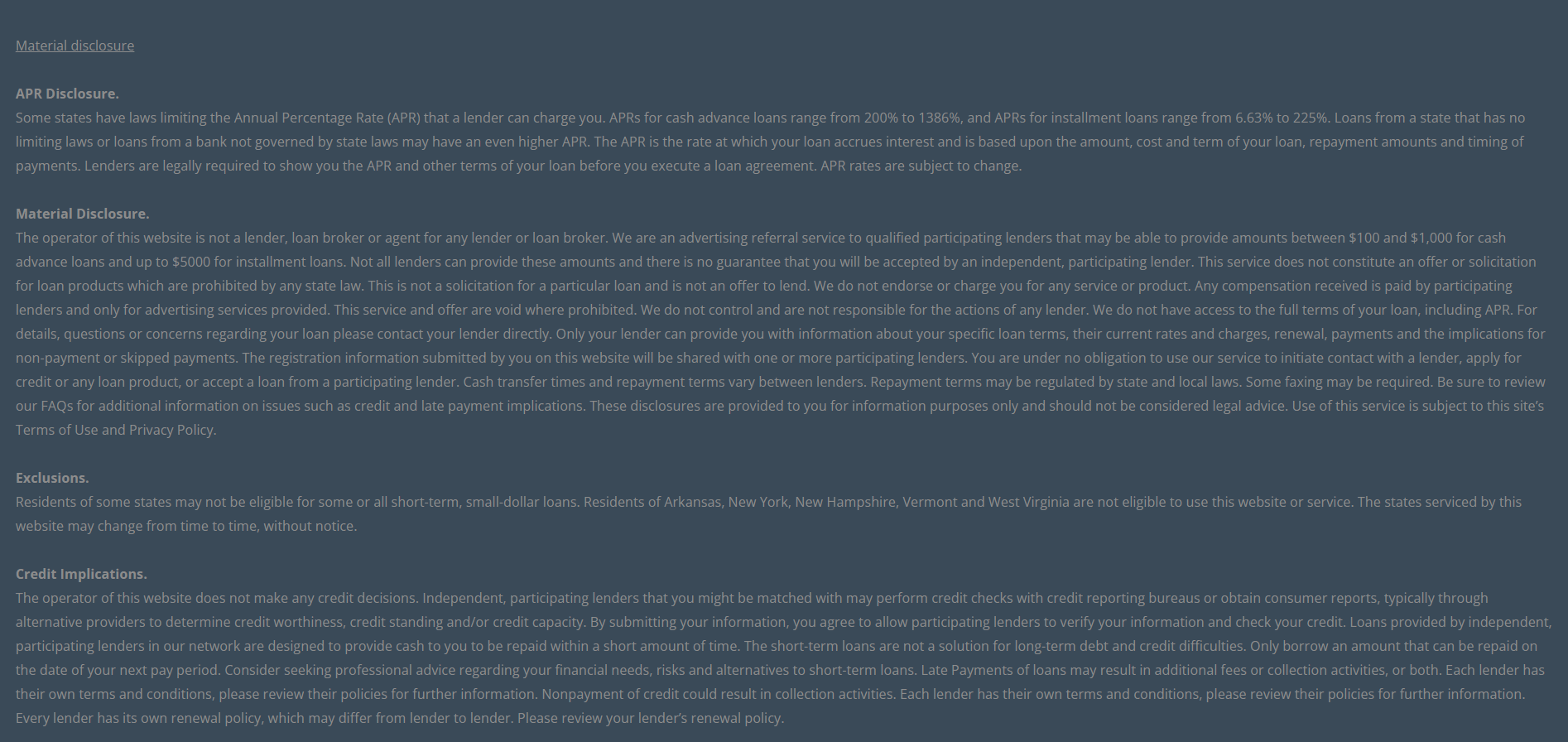 Material disclosure for payday loans in Orange California